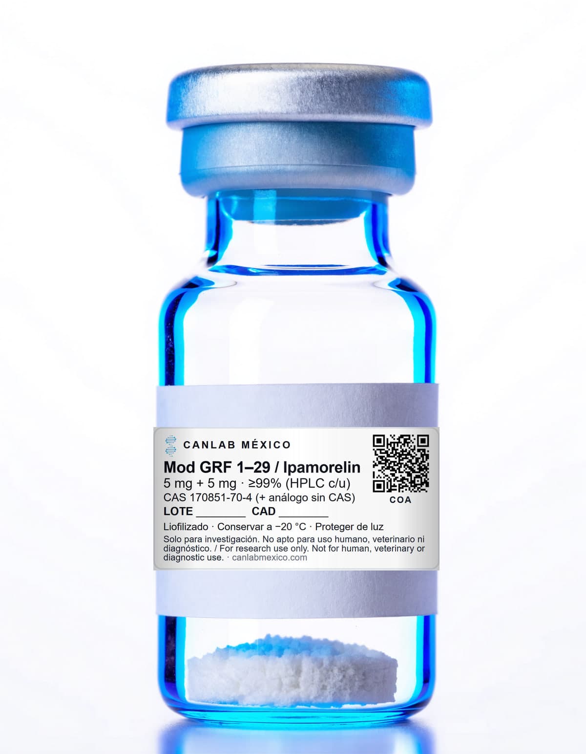 Vial de Mod GRF (1–29) / Ipamorelin de CanLab México, liofilizado, con etiqueta de uso en investigación